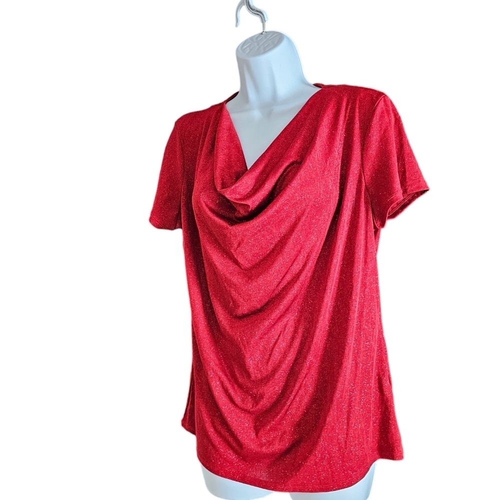 Jaclyn Smith red glitter cowl neck top medium